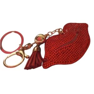 Red Rhinestone Puffed Lip Purse Bag Charm/ Keychain with a Tassel NEW